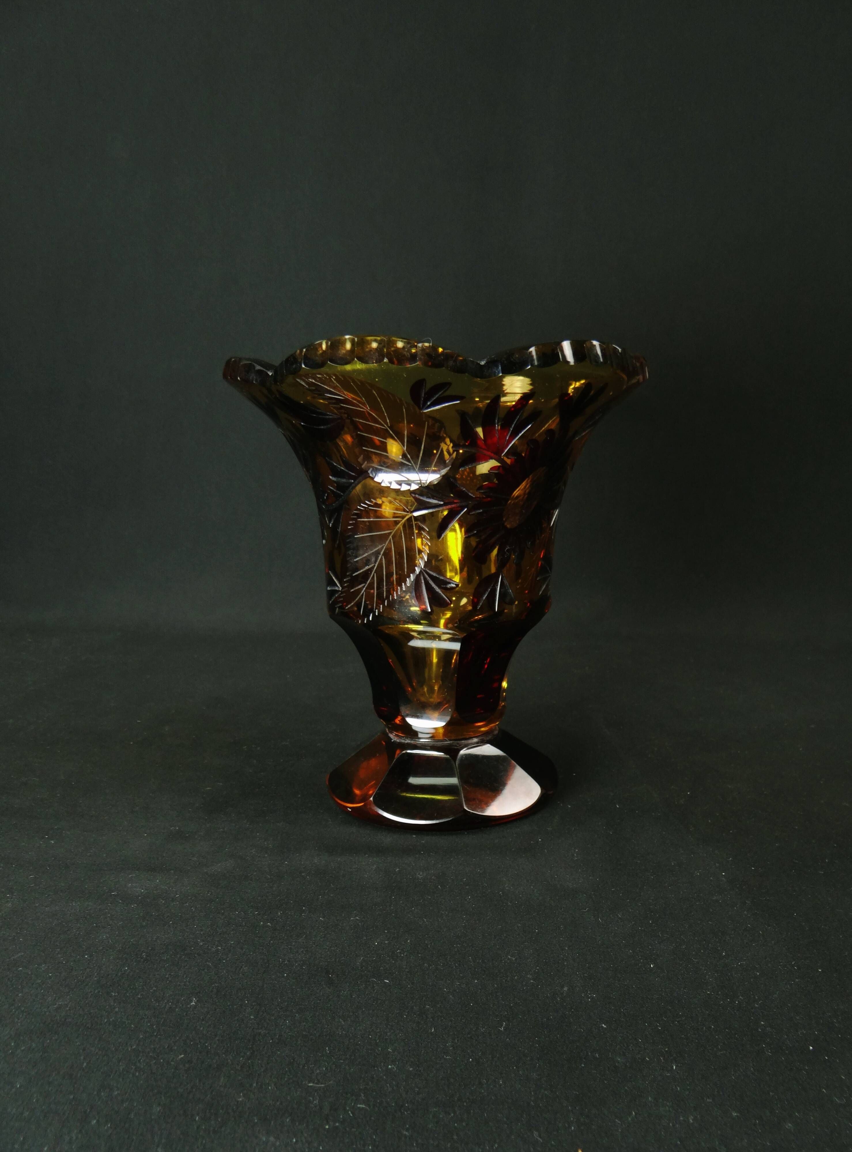 Bohemian cut crystal vase with Art Deco ruby red amber floral decoration