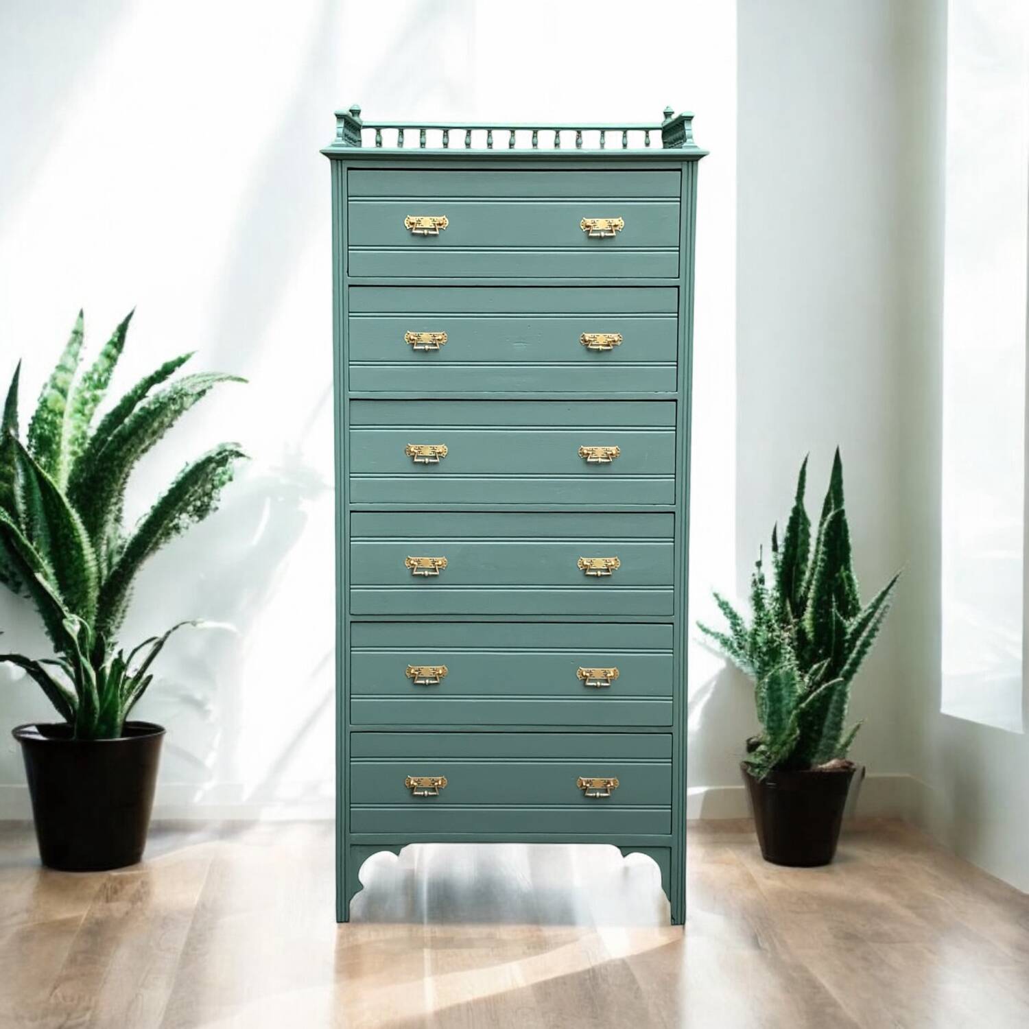 Old grey green high chest of drawers H160