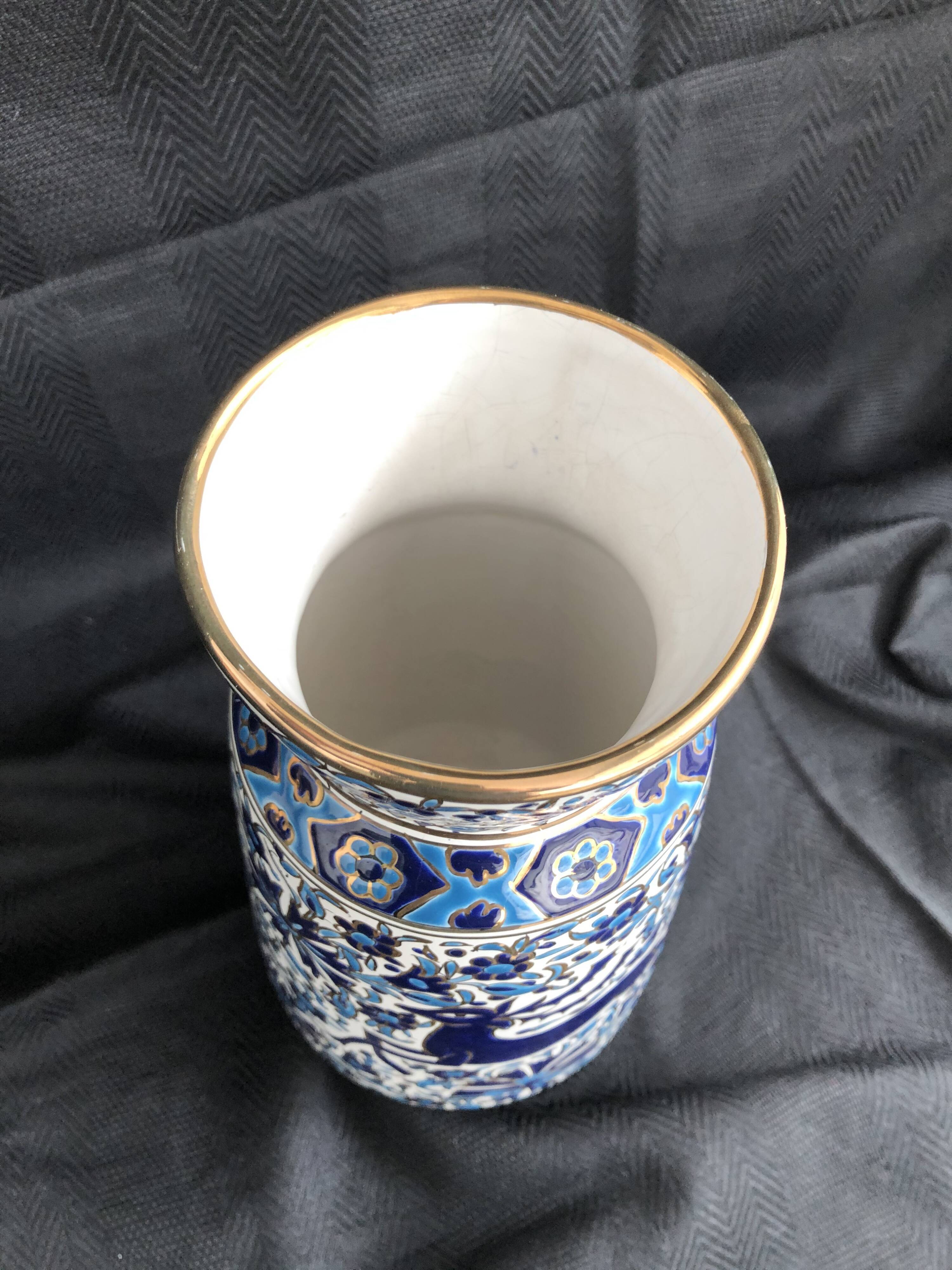 Vase grec vintage Nassos Hellas Rodos or bleu et blanc