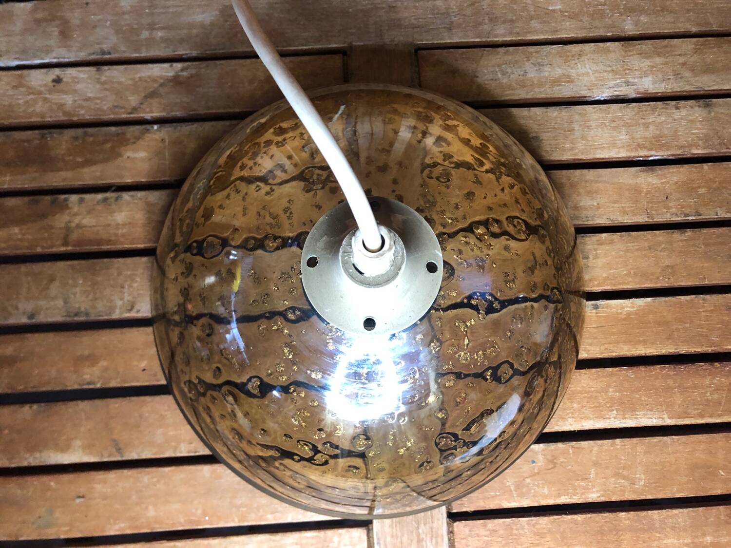 Old pendant lamp molded glass gold inlay + vintage brass contour