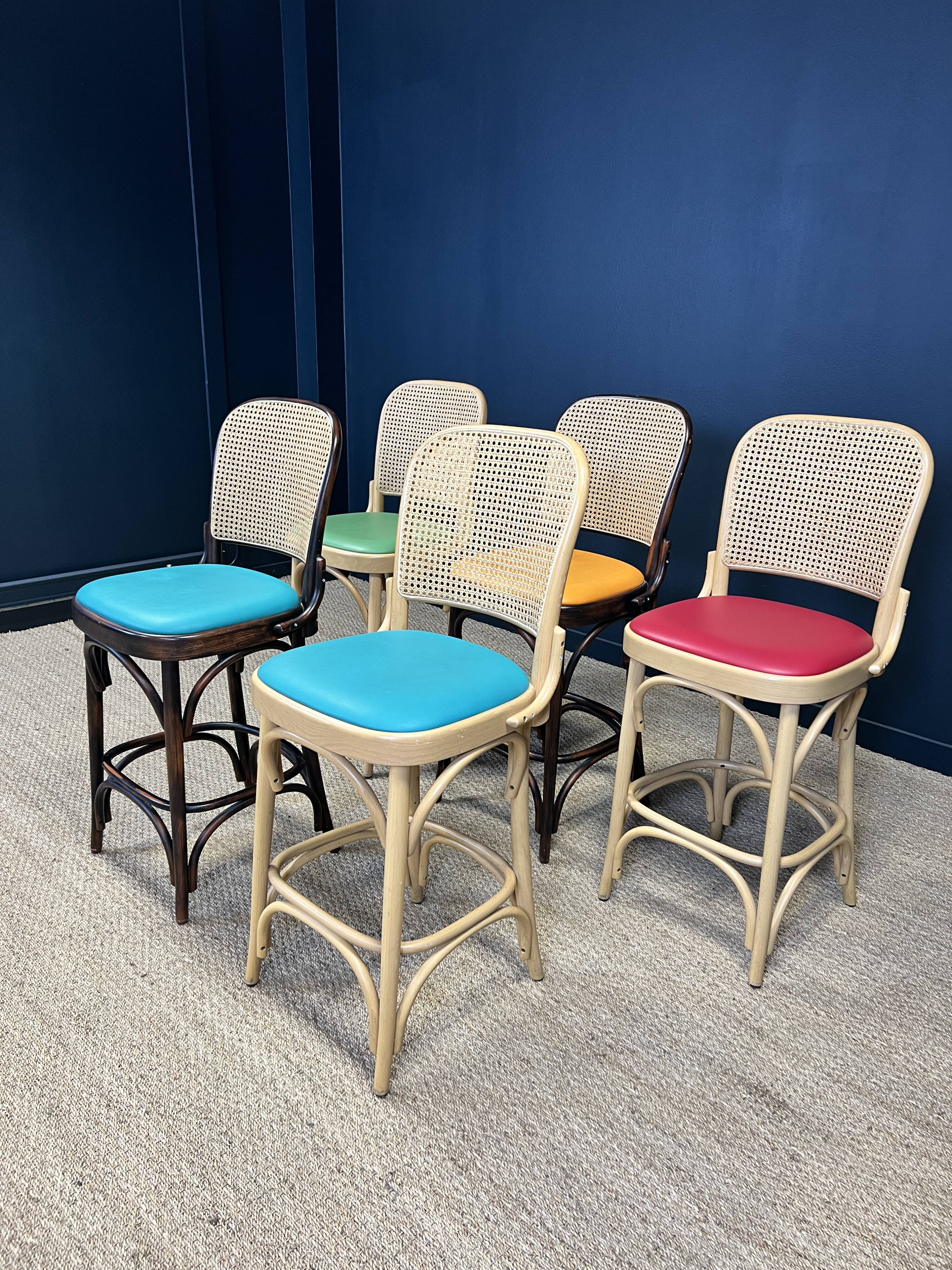 Set of 5 high chairs in light wood and dark wood with canework