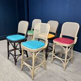 Lot de 5 chaises hautes bois clair et bois foncé avec cannage
