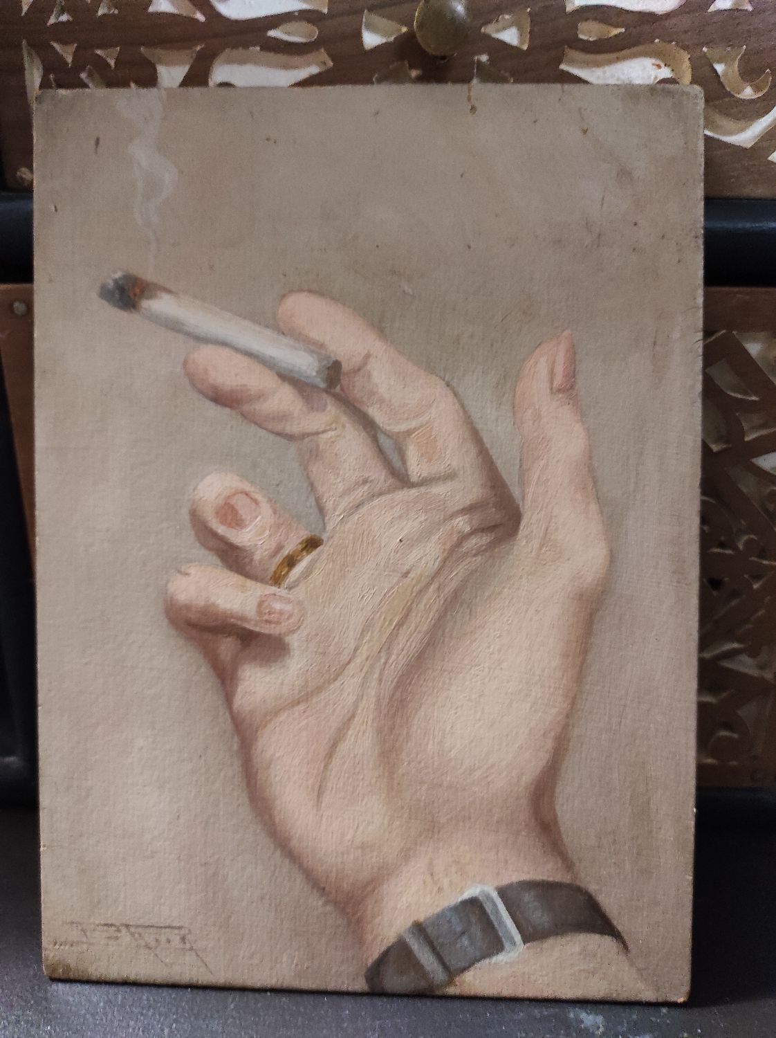 Painting hand to the cigarette oil on cardboard years 30 40 signed Pierre Roig