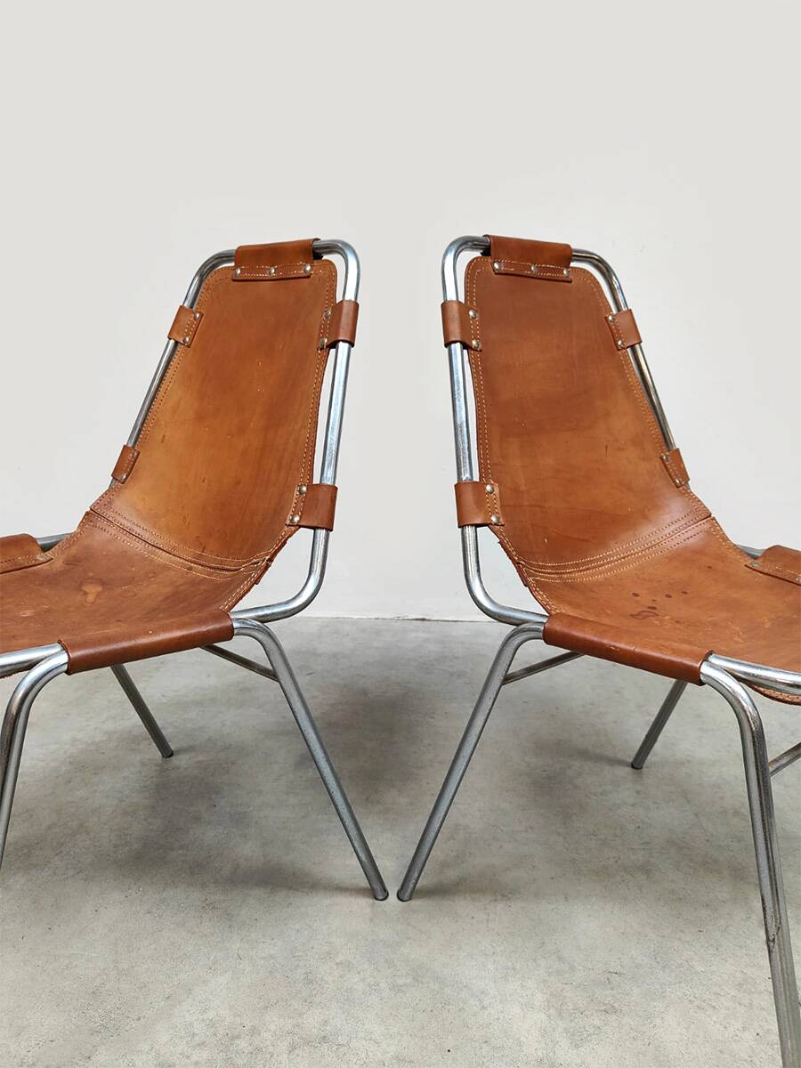Vintage Italian design Les Arcs chairs camel leather Charlotte Perriand for Dal Vera 1970s
