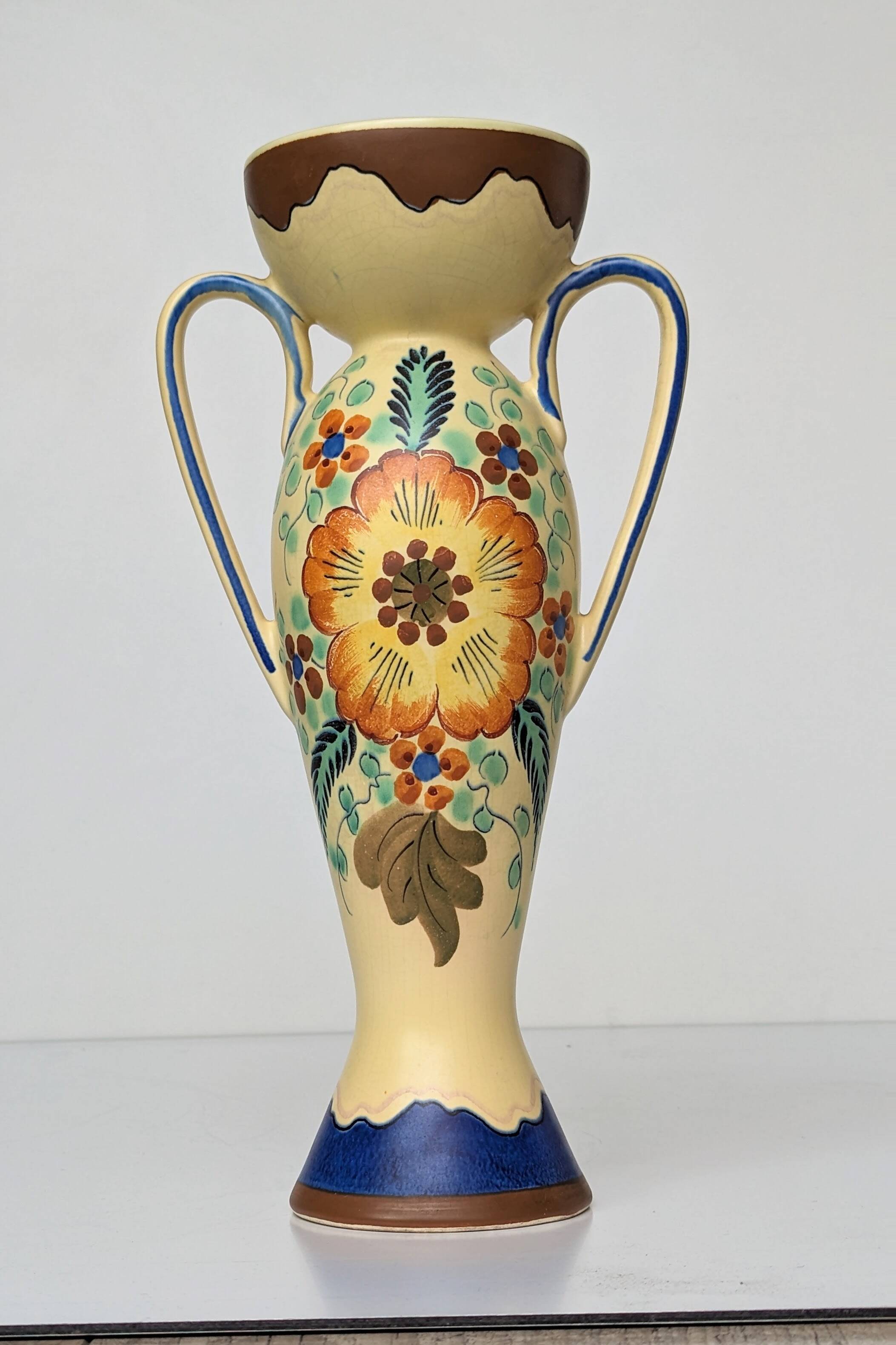 Amphora Vase Ceramic Gouda Holland - Rubens hand painted flower motif - Model 1035