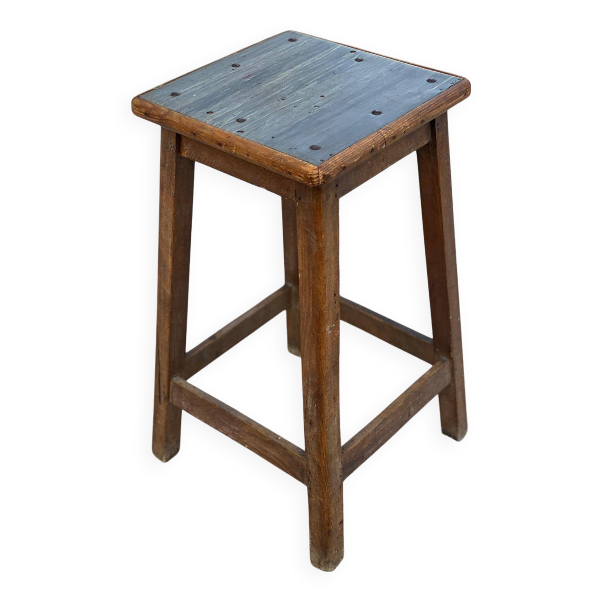 High workshop stool in dark wood and grey blue linoleum 60cm