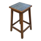 High workshop stool in dark wood and grey blue linoleum 60cm