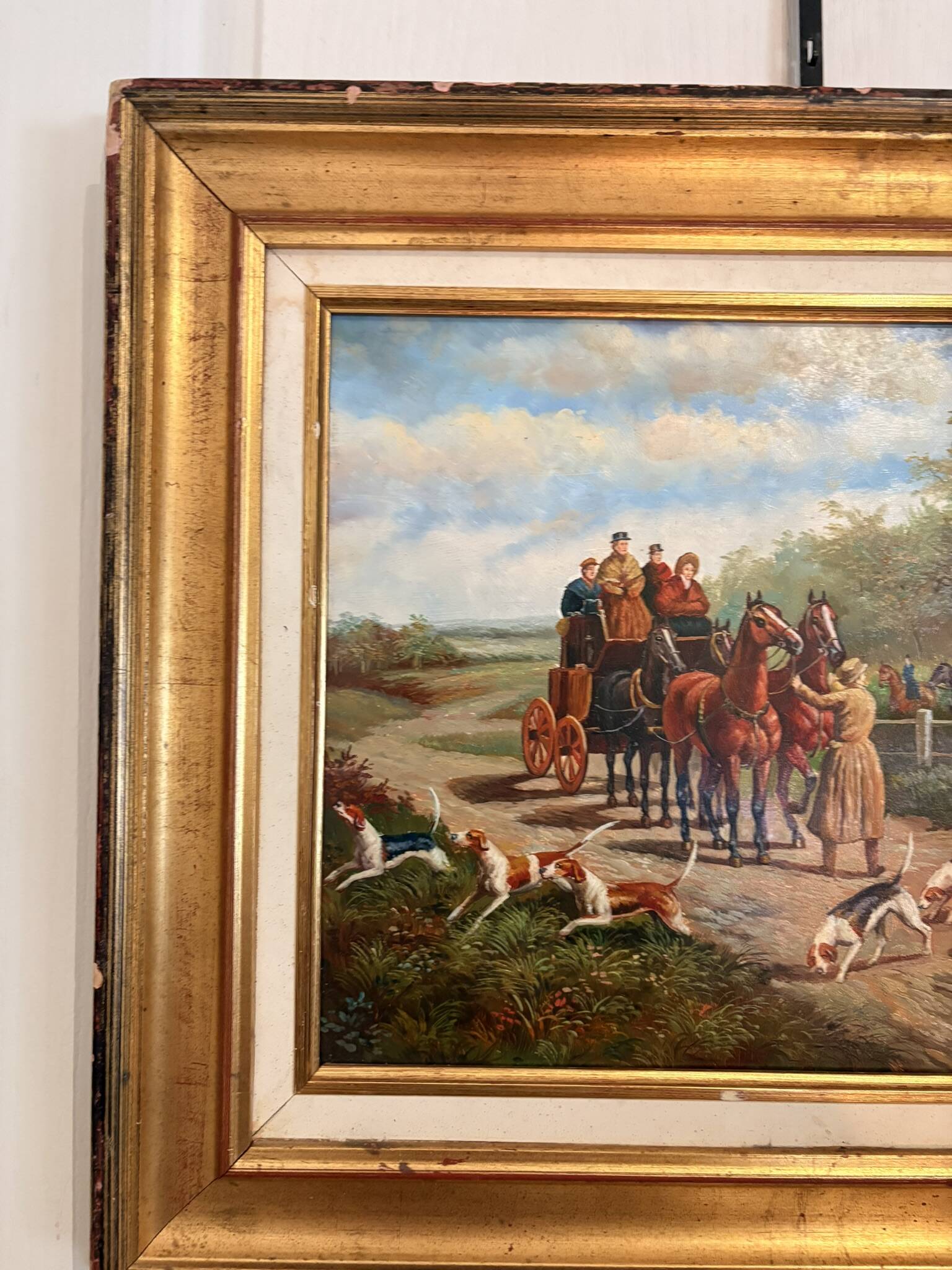 Oil Painting Panel Wood Gilded Hunting English Dog 19th Century