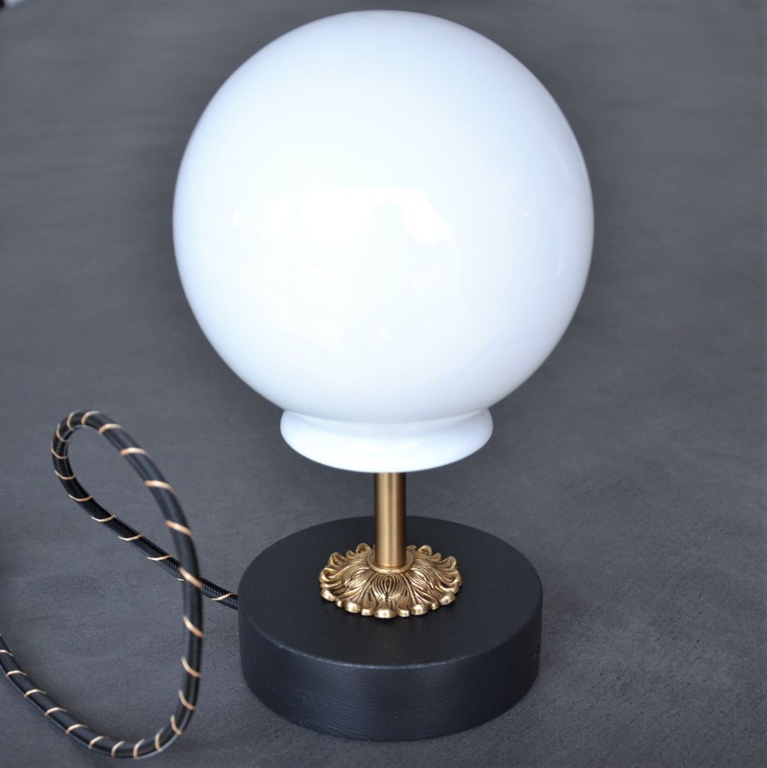 White vintage globe table lamp, black and gold finishes