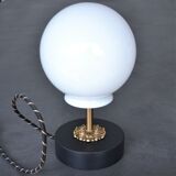 White vintage globe table lamp, black and gold finishes