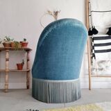 Fauteuil crapaud velours bleu avec franges