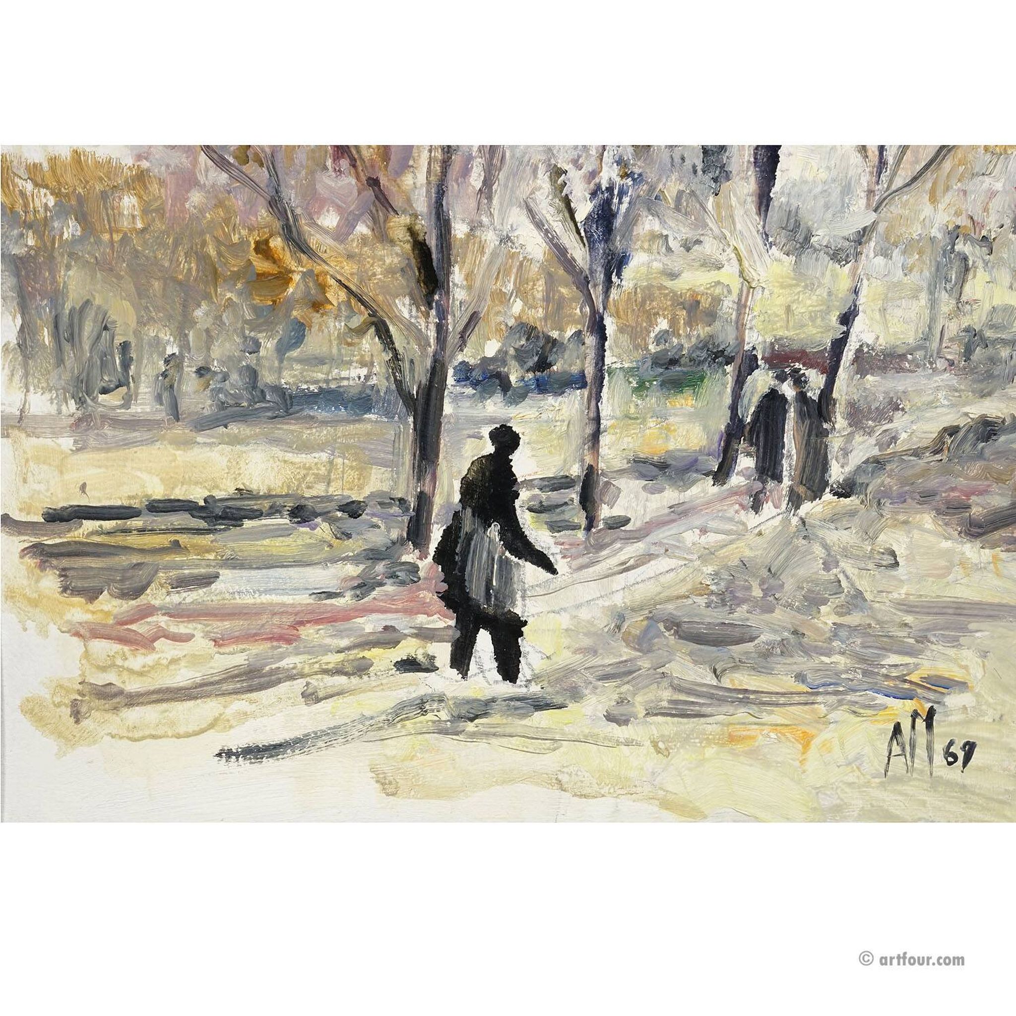 Oil painting by Alexander Michael of an autumn walk in a park, 1969.