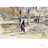 Oil painting by Alexander Michael of an autumn walk in a park, 1969.