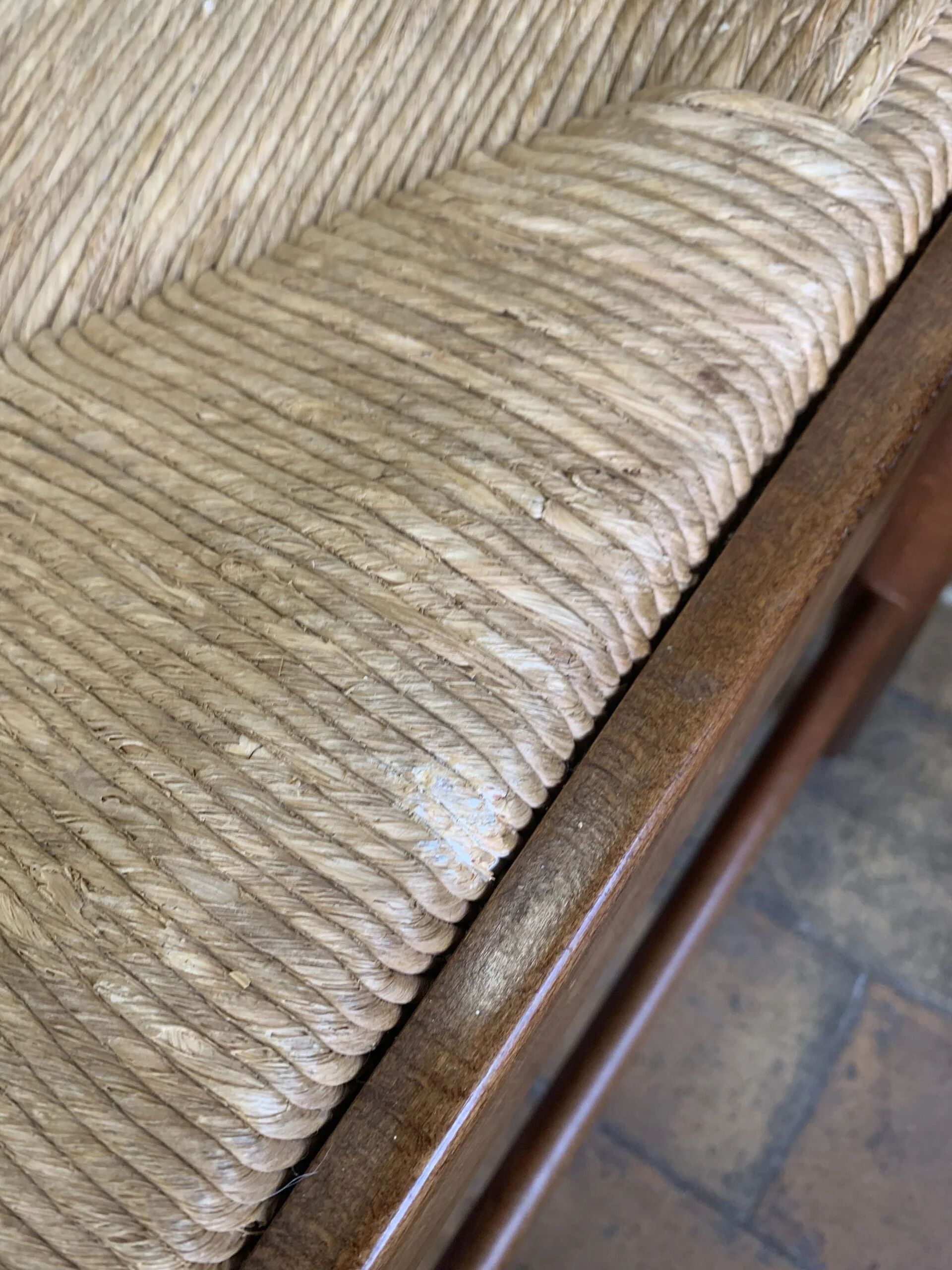 Pair of 20th-century wooden stools with straw seats