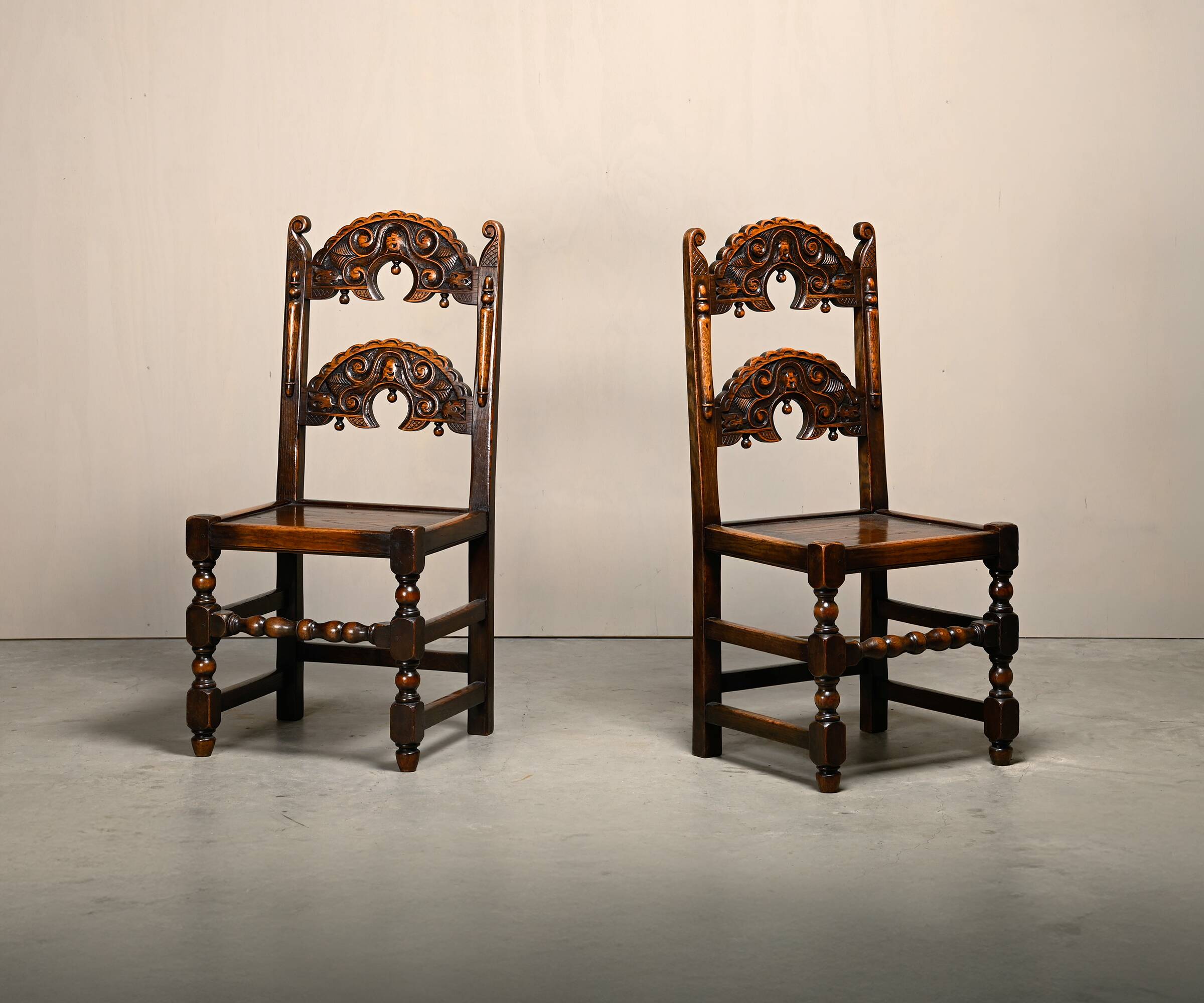 Pair Antique Yorkshire Back Stools / Side Chairs solid Oak, England 18th Ce