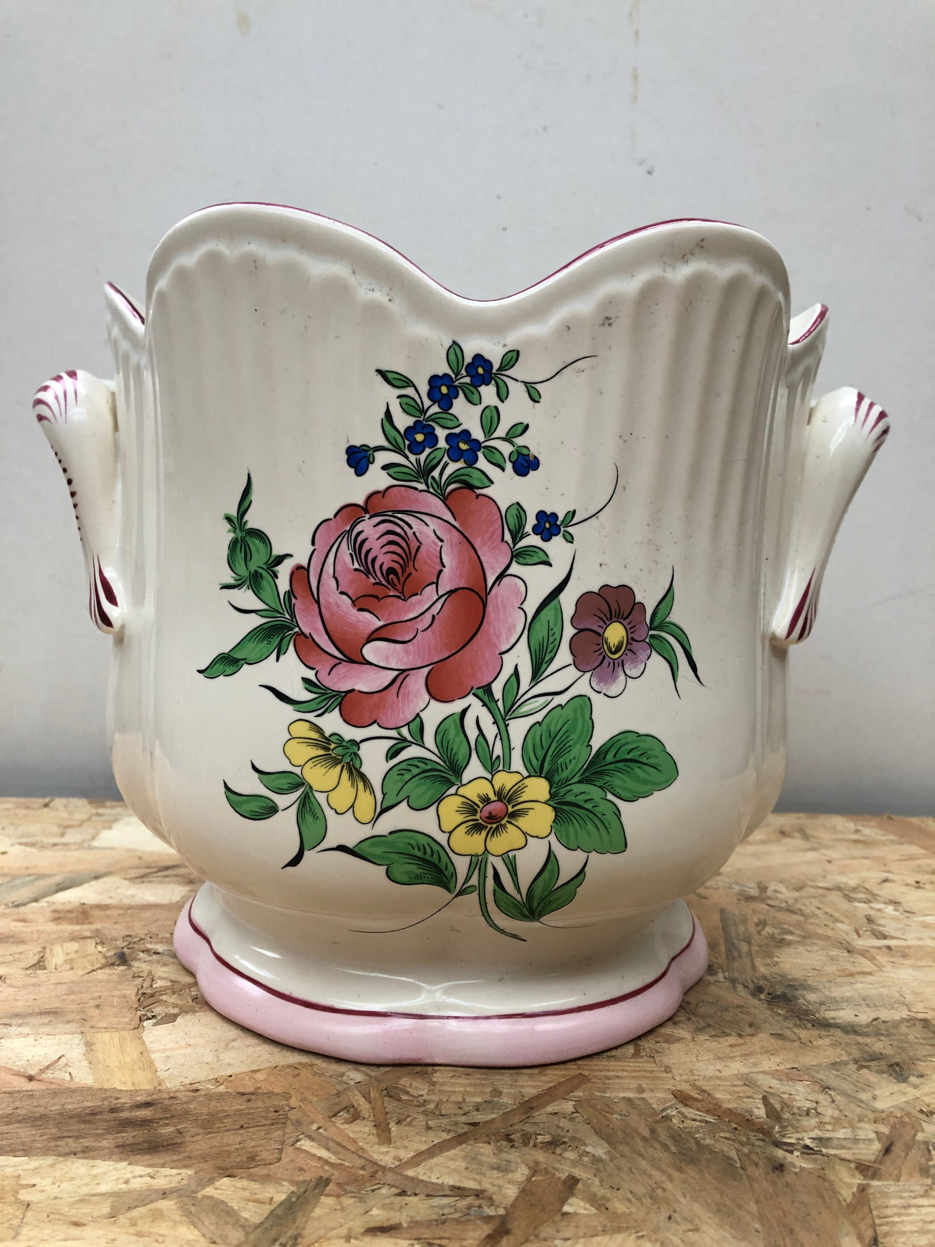 Old Cache Pot K&G LUNEVILLE Ceramic White Decoration Vintage Flowers
