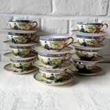 Vintage Japanese fine porcelain tea set with landscape pattern.
