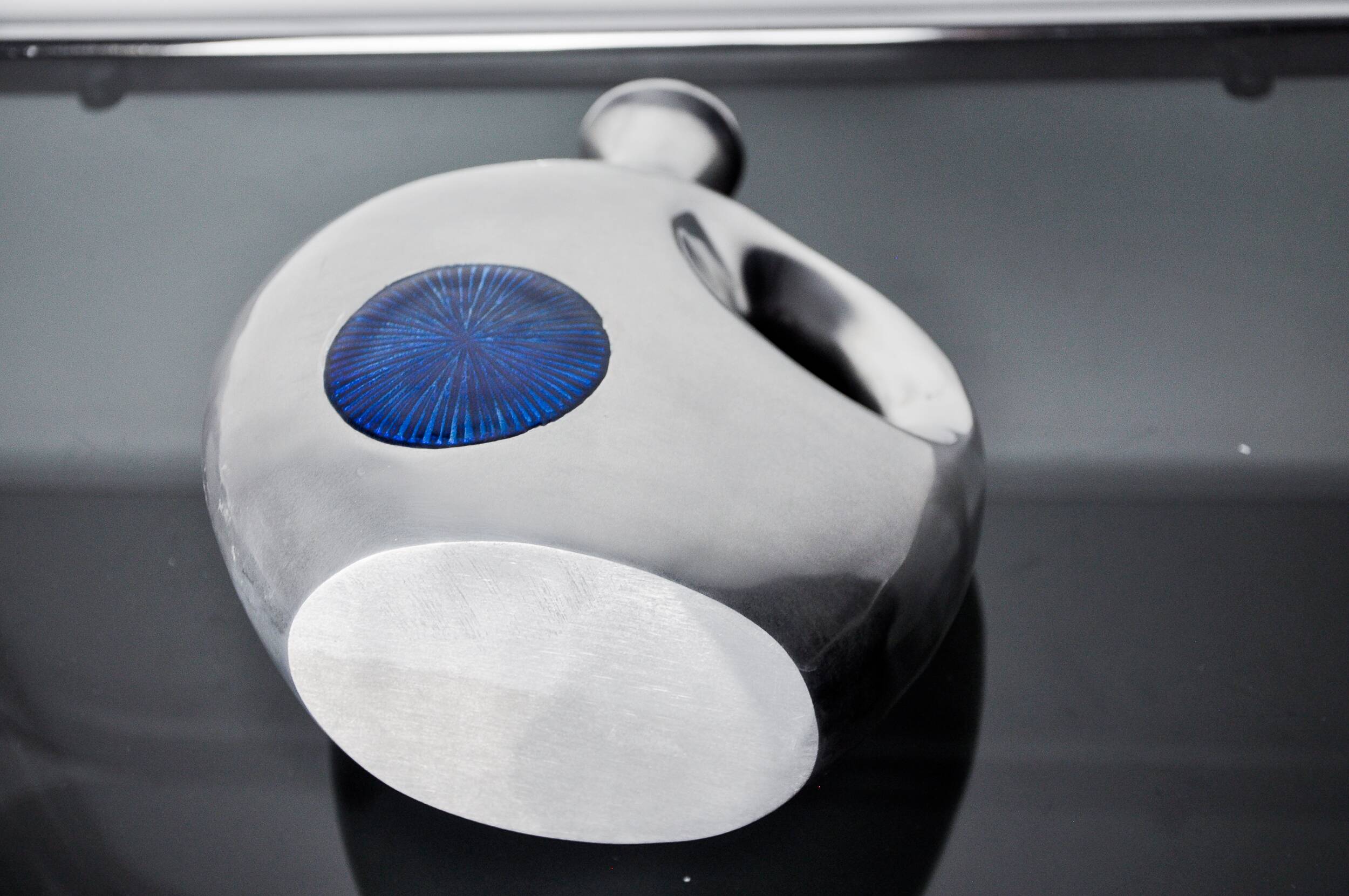 Biomorphic vase by Art3, aluminum and blue glazed ceramic, Spain, 1980