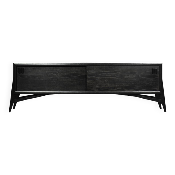 Buffet Mid-Century Moderne Scandinave en Chêne Brut Foncé avec Poignées en Bois, 1960s