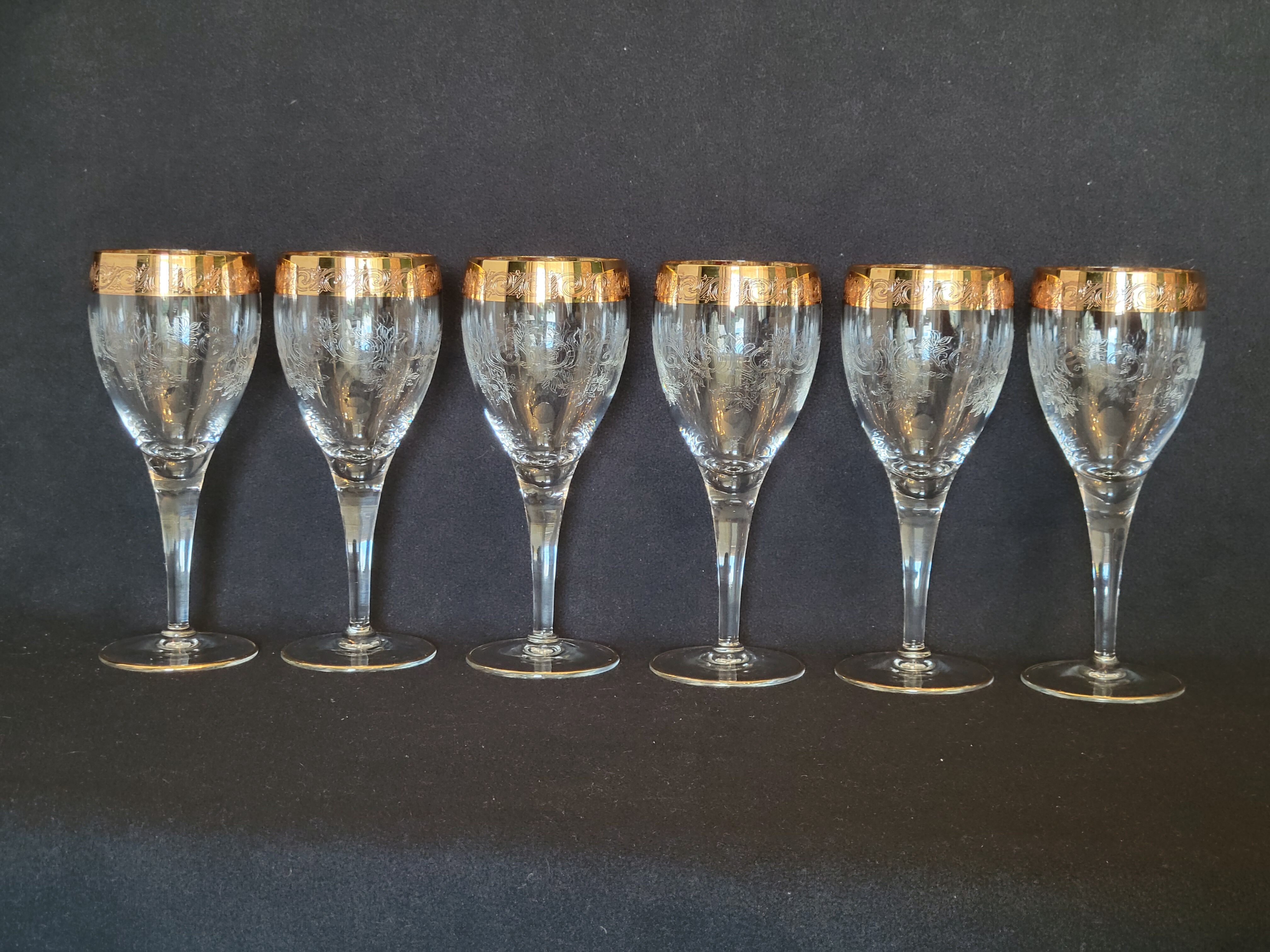 6 old wine glasses in engraved crystal and gold