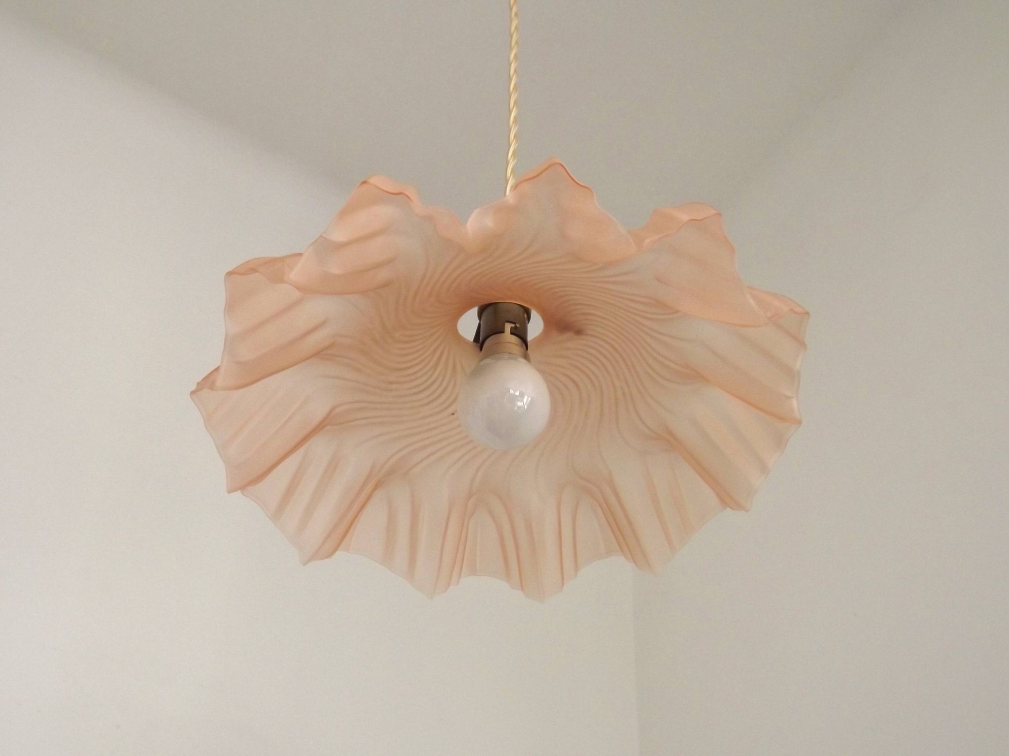 French Vintage 1930s Pink Frilled Glass Shade Hanging Light Brass Fittings