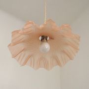 French Vintage 1930s Pink Frilled Glass Shade Hanging Light Brass Fittings