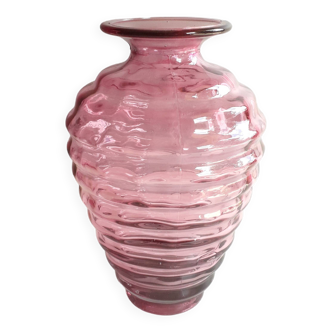 Vase vintage verre moulé rose/violet - 1980