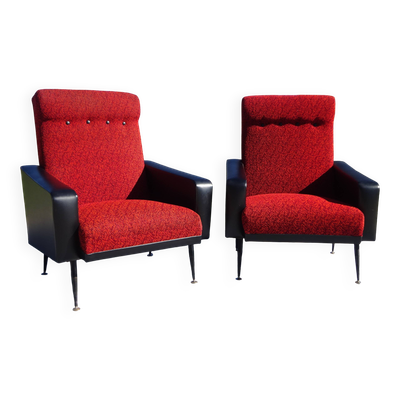 Fauteuils vintage rouge et noir, les 2