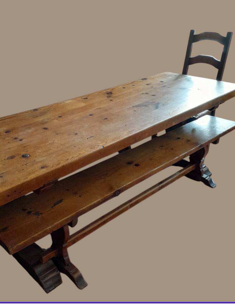 Oak monastery table with 2 original benches