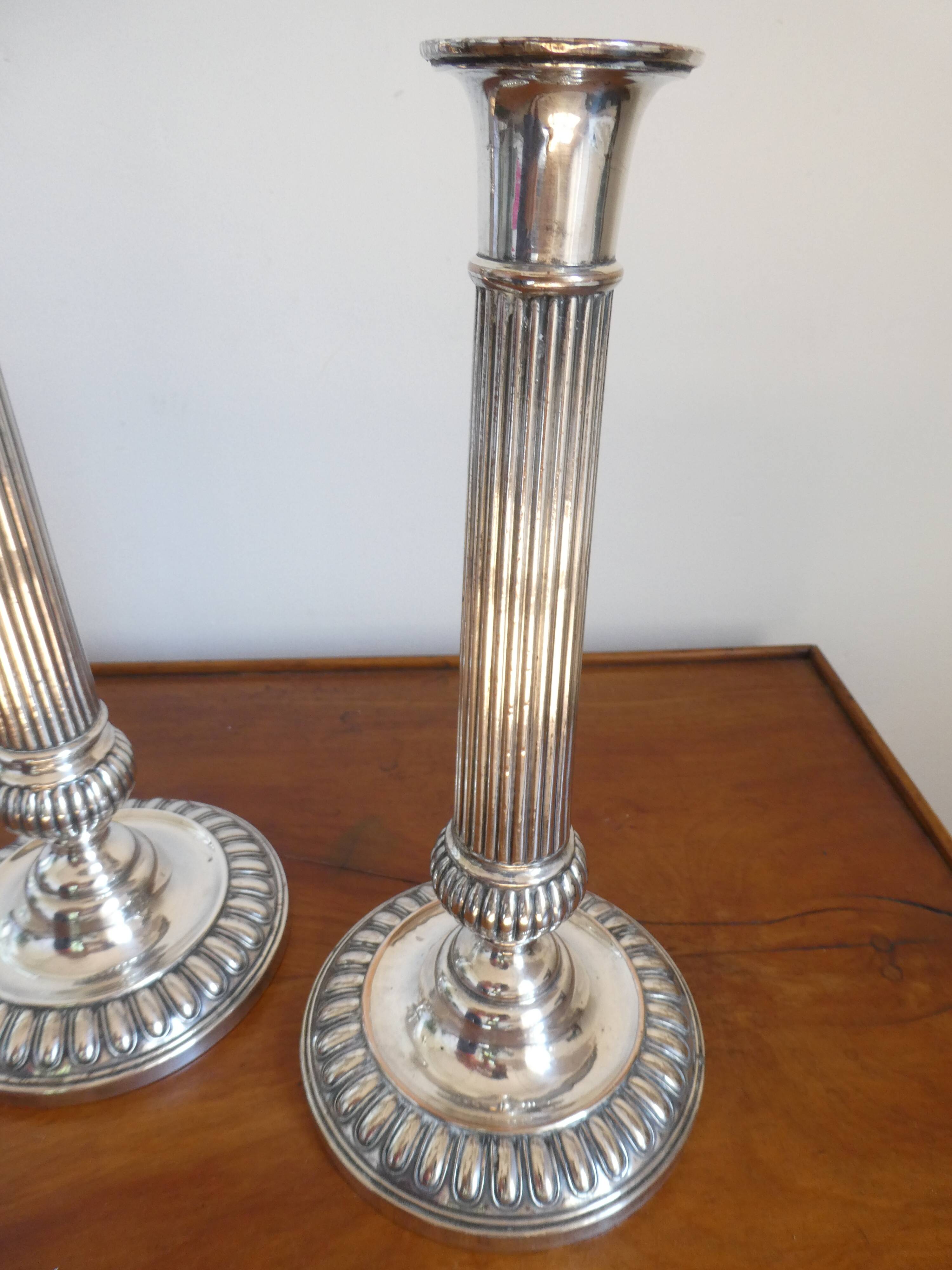 Antique pair of 19th century silver-plated metal candlesticks, 27 cm