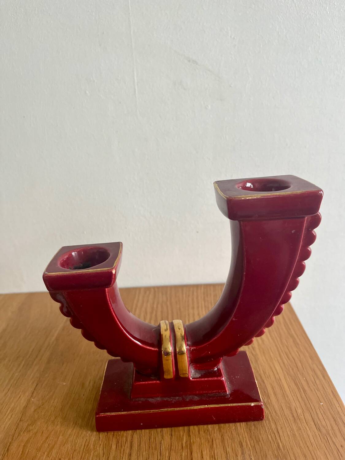 Art Deco red ceramic double candle holder