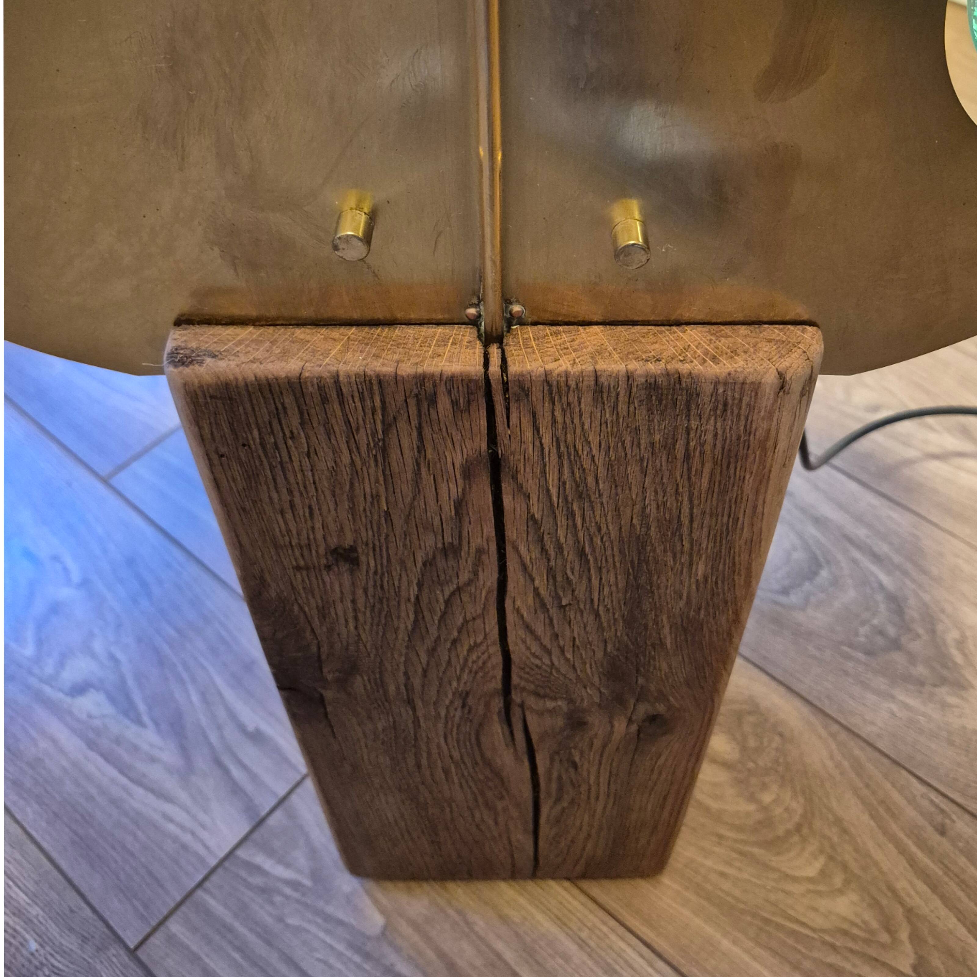 Lampadaire artisanal en laiton, chêne et plexiglas, Pays-Bas, années 1970