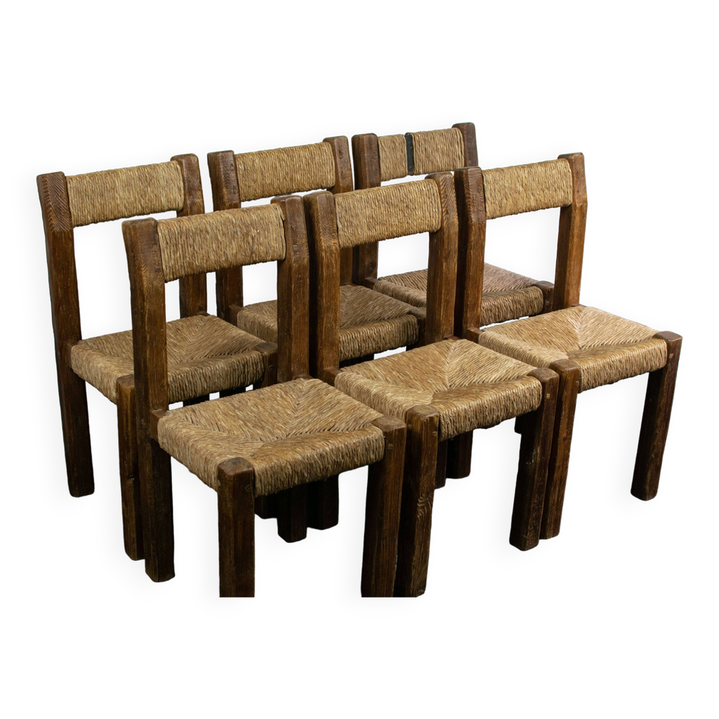 6 Chaises En Bois Style Campagne - Avec Pailles - Occasion En Bon état - Doré - Dimensions 46x42x88 Cm