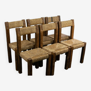 6 wooden chairs and brutalist straw, 1950