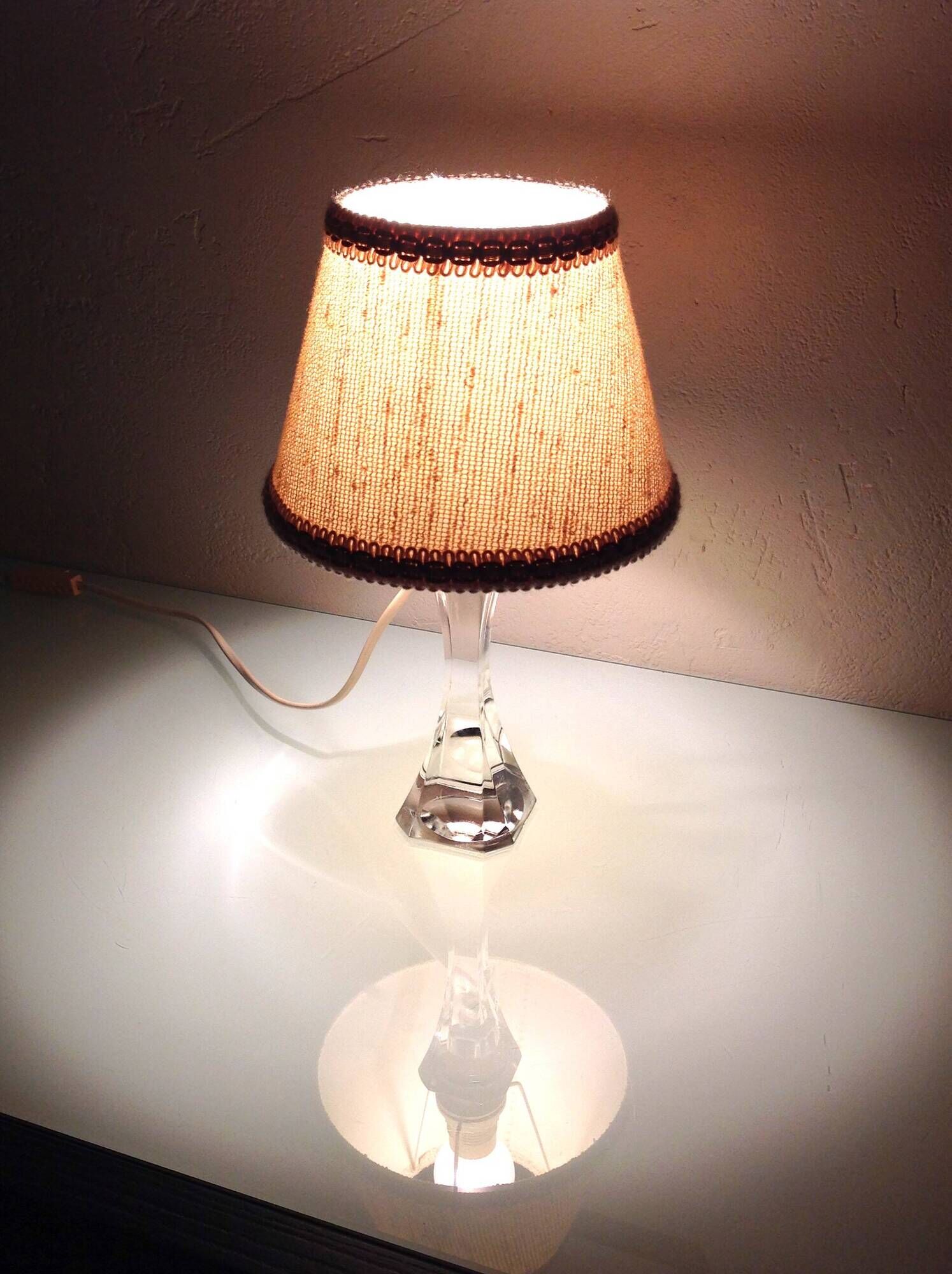 Bedside lamp with glass base and beige fabric lampshade / vintage 60s-70s