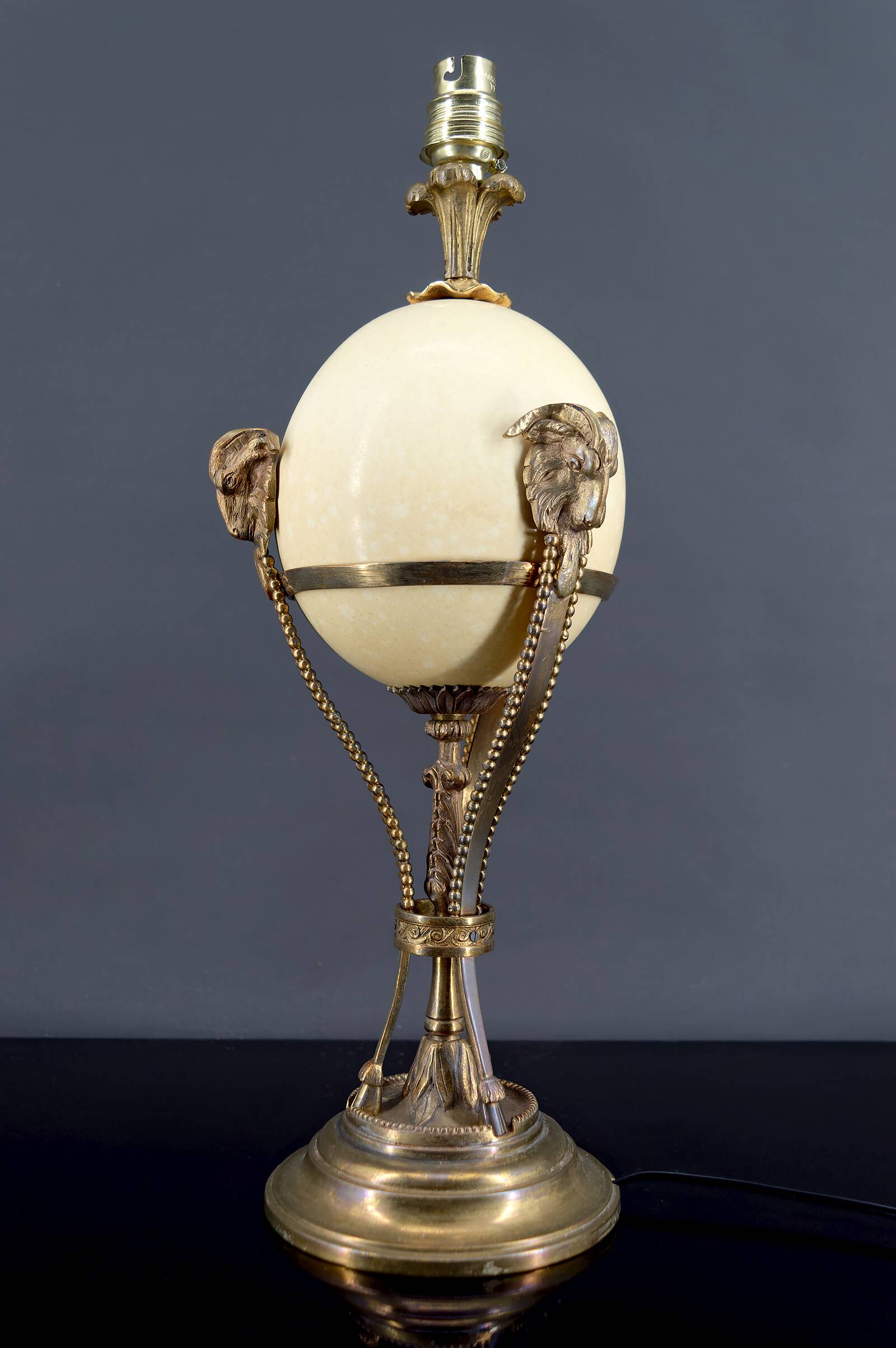 Neoclassical Lamp, Ostrich Egg & Bronze Animal Mount, c. 1900