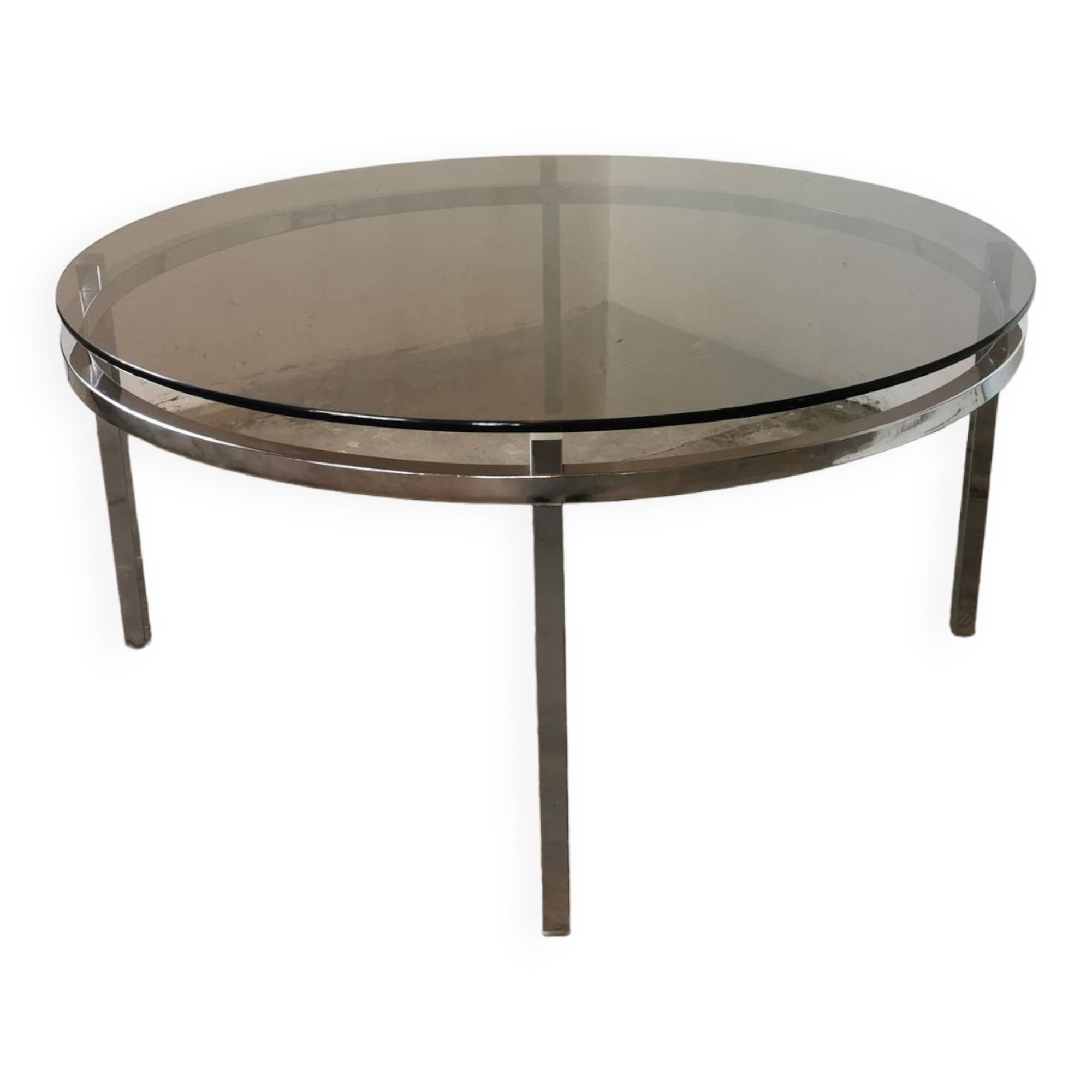 Round coffee table, chrome and smoked glass
