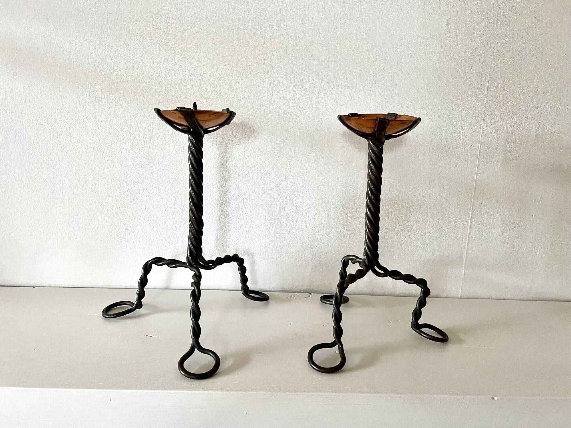 Pair of Arts & Crafts vintage antique candlesticks in wrought iron & copper