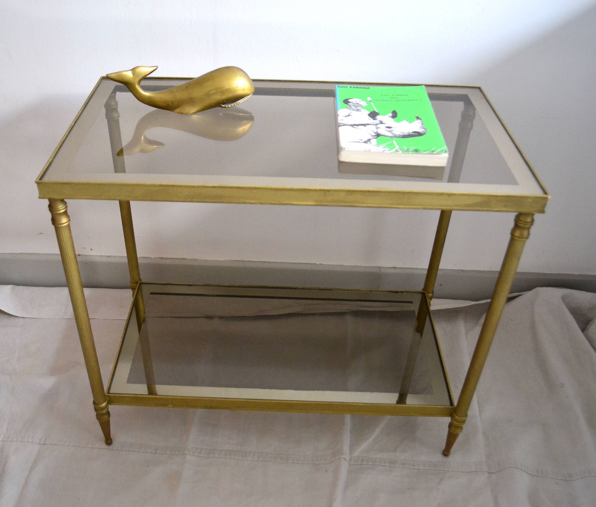 Side table, low table, gold brass, smoked glass, 70s.