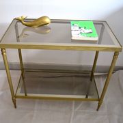 Side table, low table, gold brass, smoked glass, 70s.