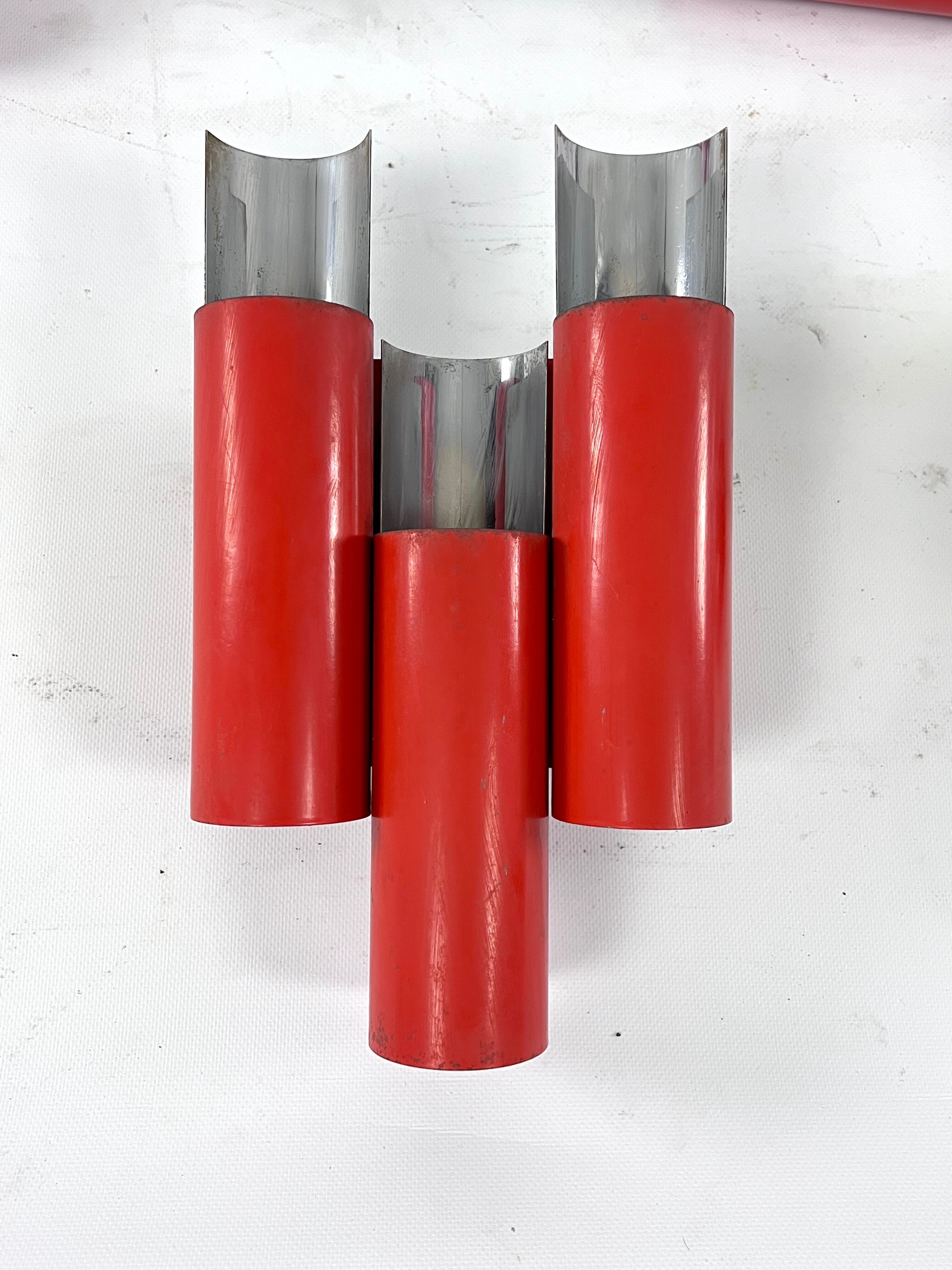 Set of 10 mid-century red and chrome wall lamps by Stilnovo, Italy 1970s