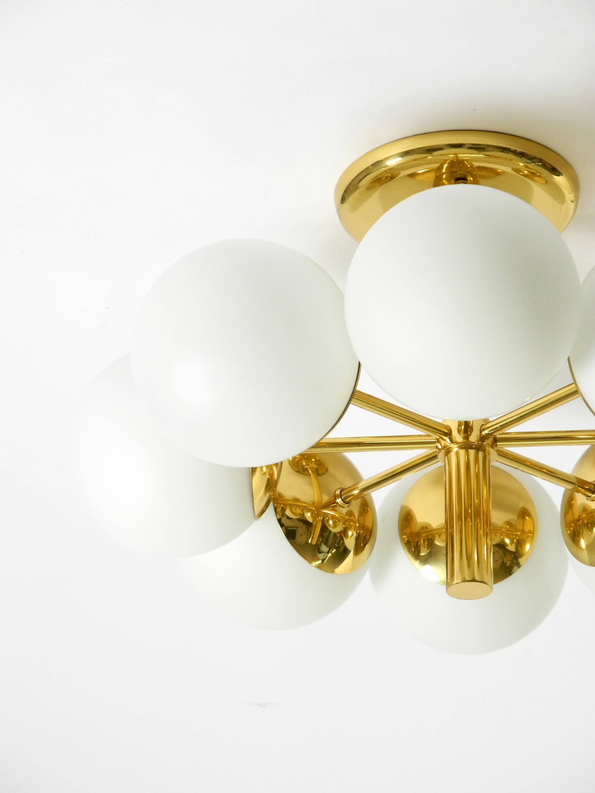 1960s Space Age brass ceiling lamp with 8 glass balls by Kaiser Leuchten