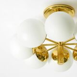 1960s Space Age brass ceiling lamp with 8 glass balls by Kaiser Leuchten