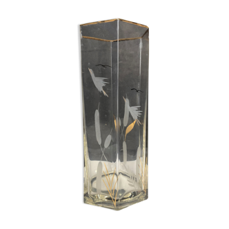 Large hexagonal vase in engraved glass