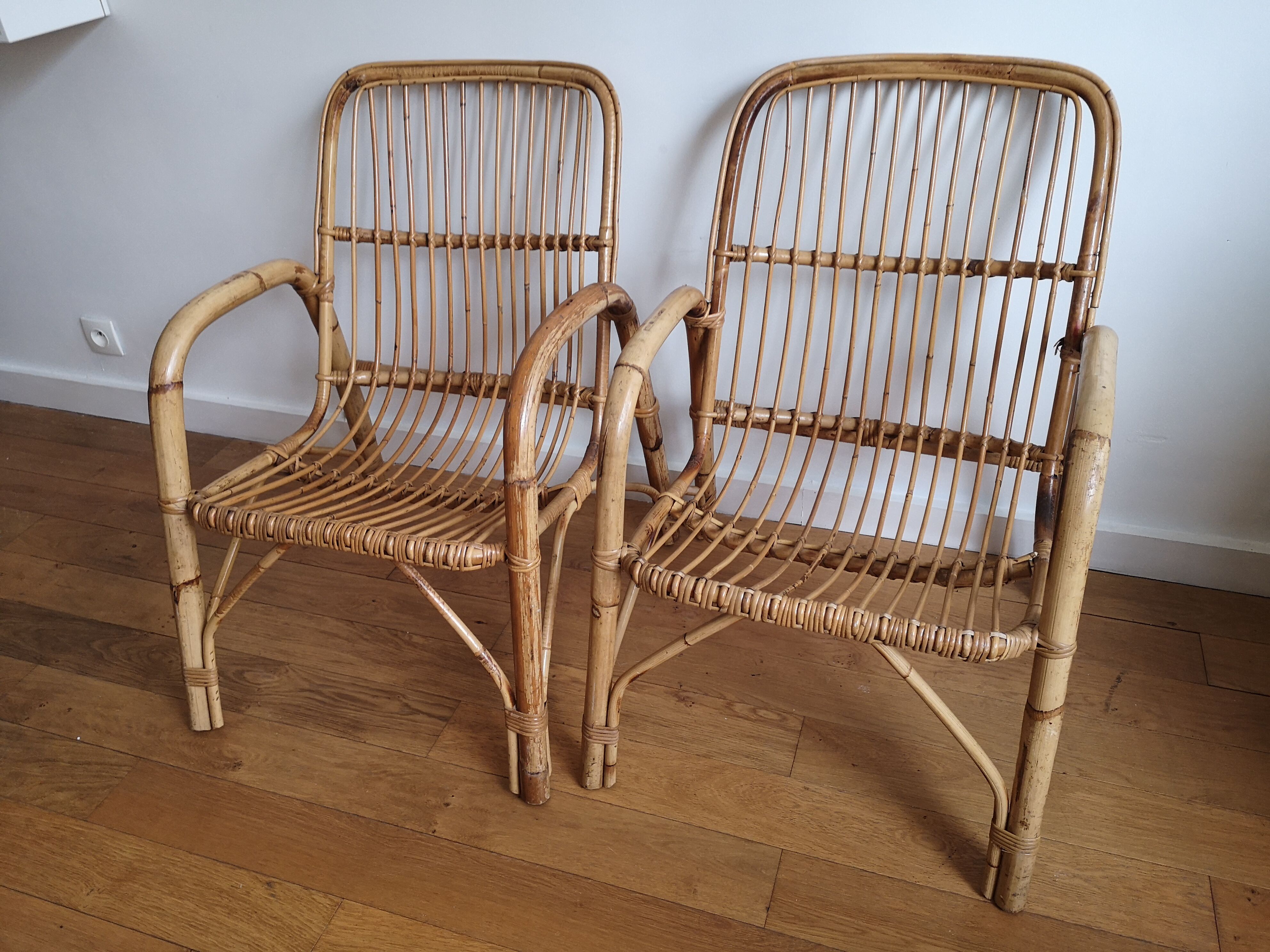 Pair of bamboo and rattan armchairs