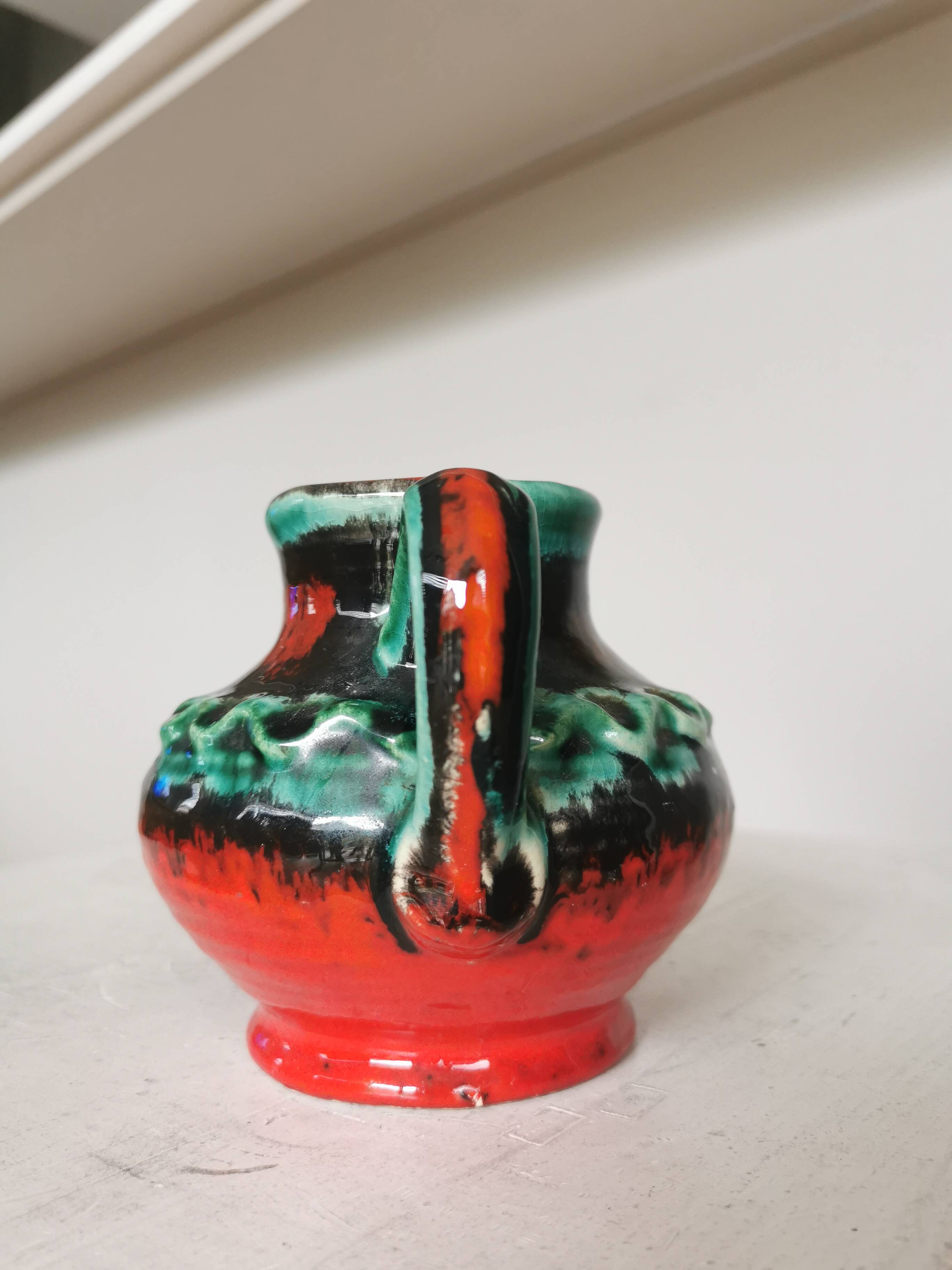 Fat Lava Pitcher Vase: Red Black Green Glaze, West German Pottery
