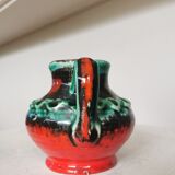 Fat Lava Pitcher Vase: Red Black Green Glaze, West German Pottery
