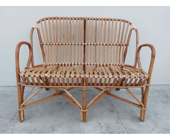 Set bench table and two armchairs in rattan 1950 vintage