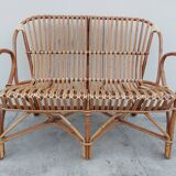 Set bench table and two armchairs in rattan 1950 vintage