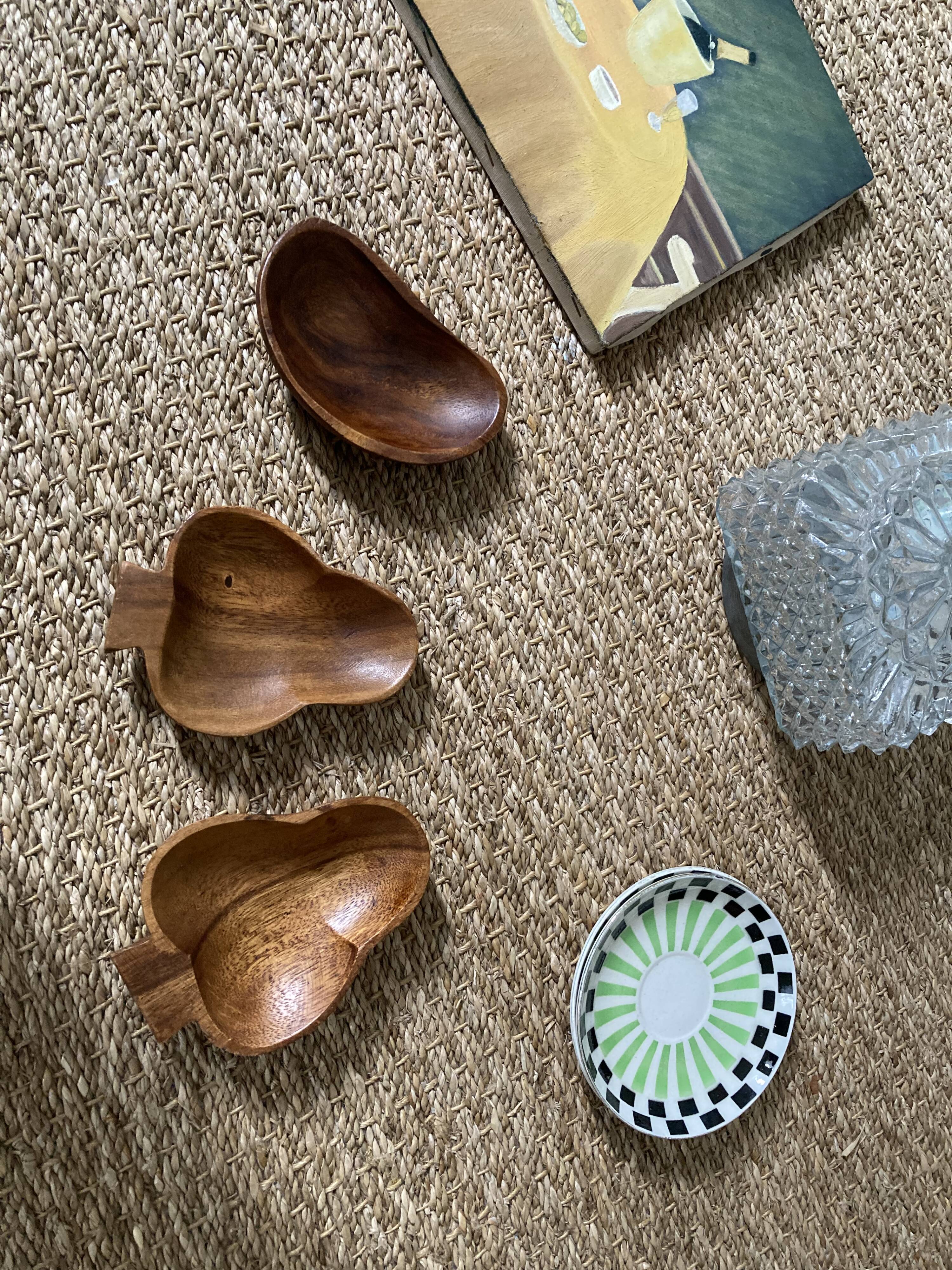 Trio of exotic wooden cups in the shape of beans and vintage clovers